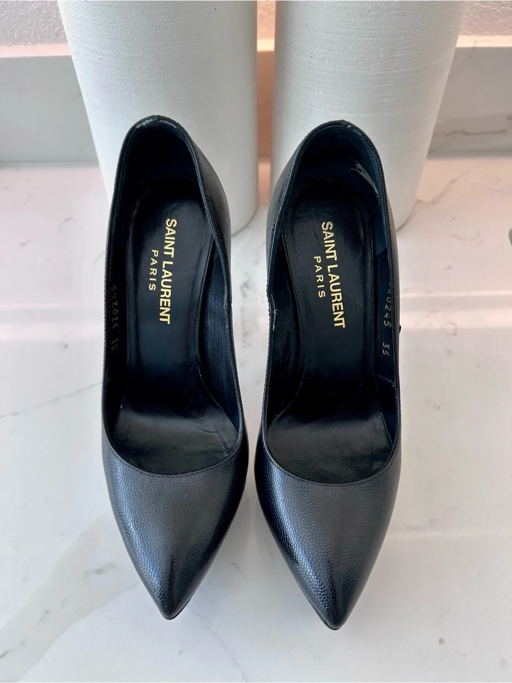 Saint Laurent Black Leather Janis Pointed Toe Pumps - Picture 3 of 6